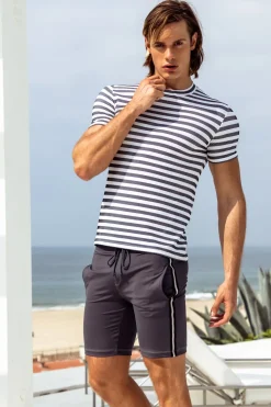 Sauvage Swimwear Workout + Linen*Midlength Athletic Short w. white stripe. Grey