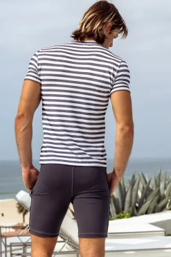 Sauvage Swimwear Workout + Linen*Midlength Athletic Short w. white stripe. Grey
