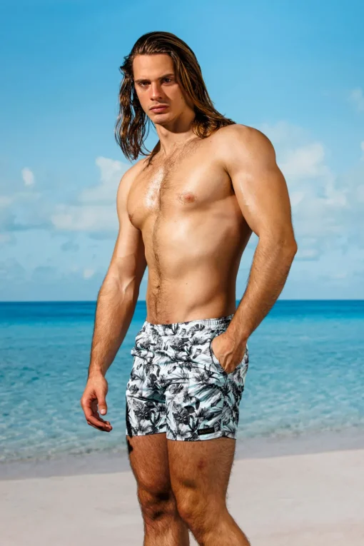 Sauvage Swimwear Board Shorts | Men's Summer*Steel Blue Bali Flower Pull-on Trunks Aqua Bali Flower